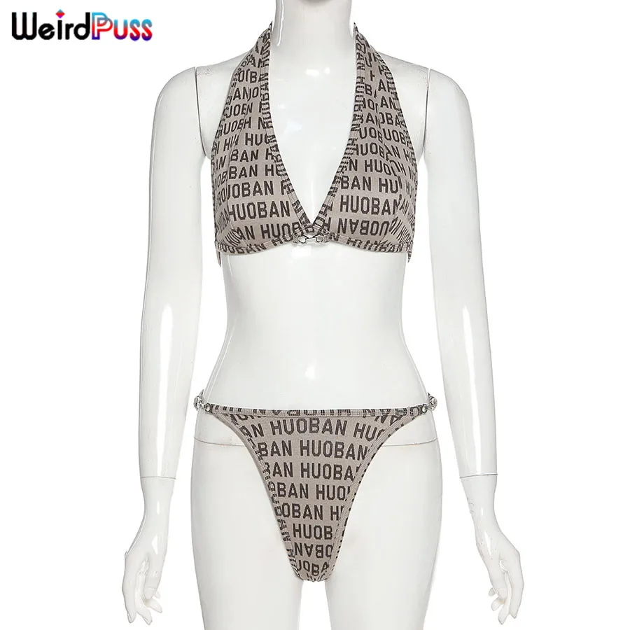 

Weird Puss Women Letter Print Two Piece Set Sexy Bandage Halter Bra+Thong Beach Style Matching Clubwear Fashion Vacation Outfits