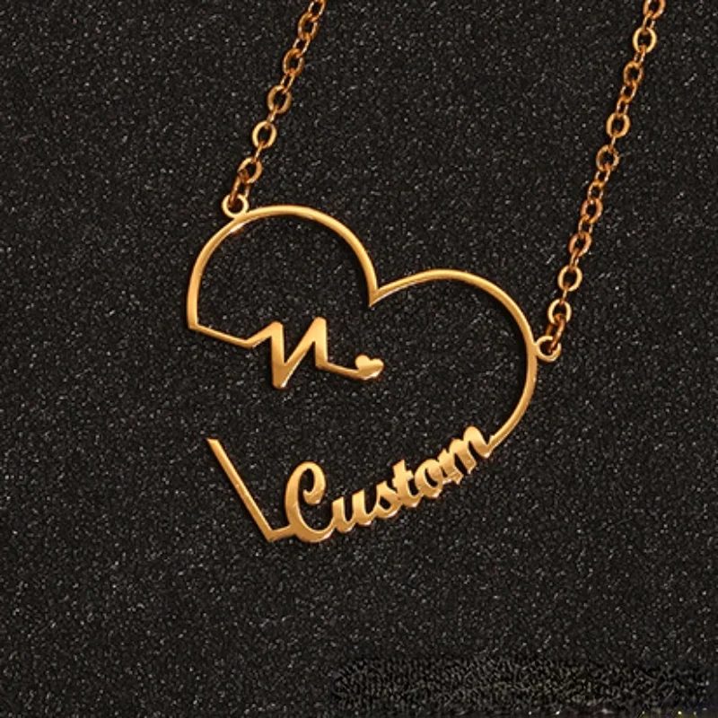 

Customized Name Necklace Personalized ECG Heartbeat Name Plate Pendant Stainless Steel Custom Letter Necklaces Jewelry for Women
