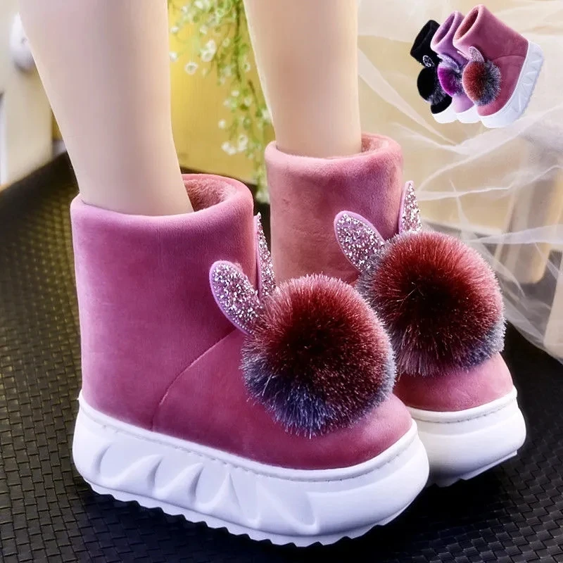 

Women Girls Pompom Winter Boots Snow Boats Slip on Shoes Fur Lined Winter Ankle Boots Women's Comfy Short Anti-Slip Outdoor Flat