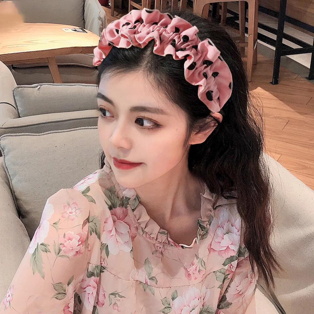 

Повязка на голову в горошек с принтом маргариток Женская плиссированная широкая повязка на голову с оборками Женская Тиара головной убор а...