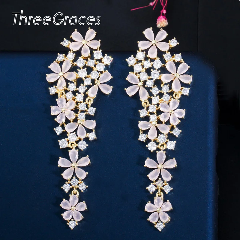 

Серьги с длинным цветком ThreeGraces, серьги для женщин с розовым фианитом, желтое золото, 2020
