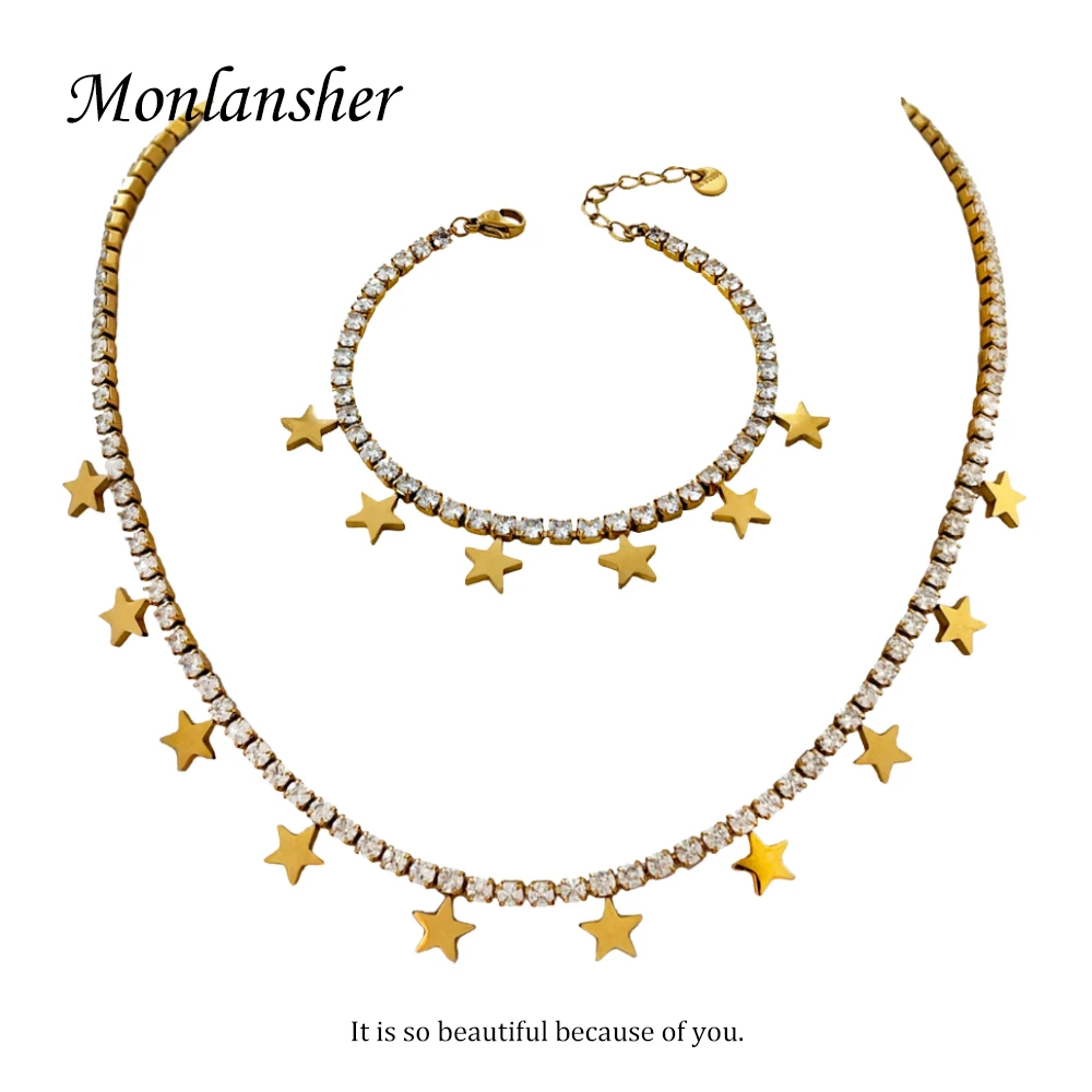 

Monlansher Simple Gold Color Stainless Steel Metal Stars Necklace For Women Trendy White Pave Zircon Necklace Party Jewelry Gift