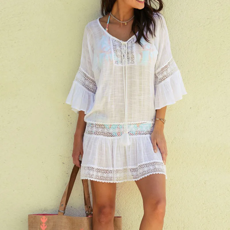 

Sexy Cotton Summer Pareo Beach Cover Up Sexy Swimwear Women Swimsuit Cover Up Kaftan Beach Dress Tunic White Beachwear