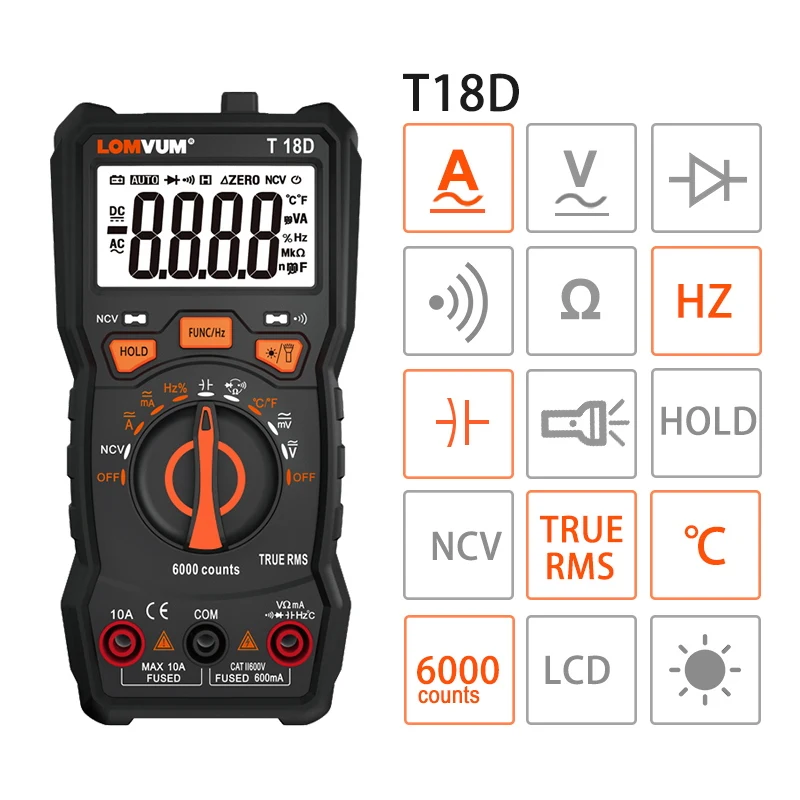 T18D LOMVUM мультиметр True RMS 6000 отсчетов Высокоточный цифровой мультиметр NCV умный мультиметр Авто Диапазон AC/фонарик постоянного тока - Цвет: T18D