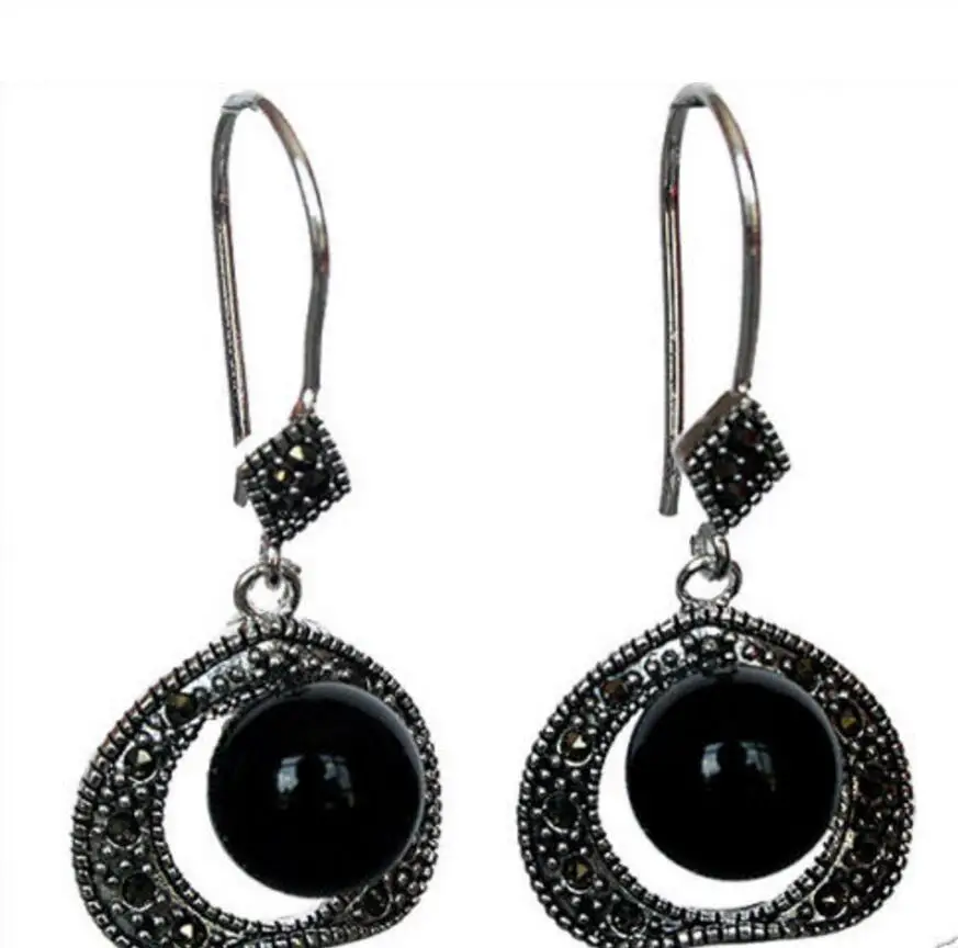 

Hot Sell VINTAGE 925 STERLING SILVER 10MM NATURAL BLACK MARCASITE EARRINGS