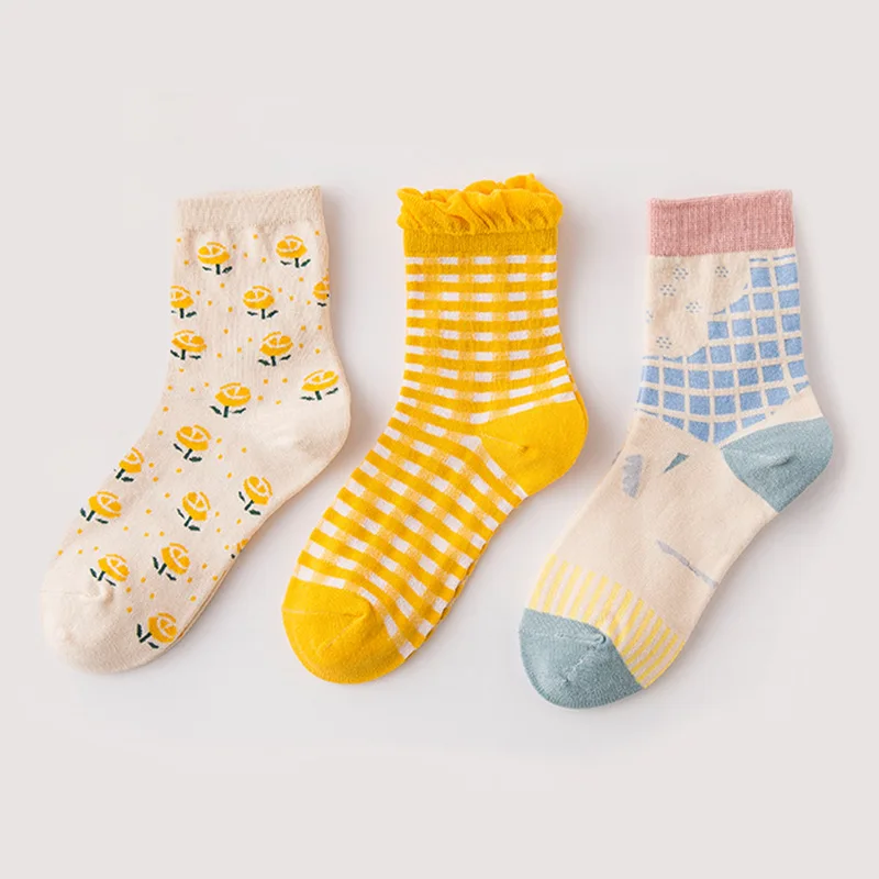 3 Pairs Women Socks Spring Soft Cotton Cartoon Design High Quality Pink Lolita Sweet Girl's Kawaii Cute Woman Socks Set