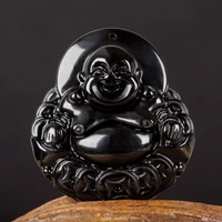 real chinese handwork natural black obsidian carved buddha god of fortune amulet lucky pendant necklace fashion jewelry