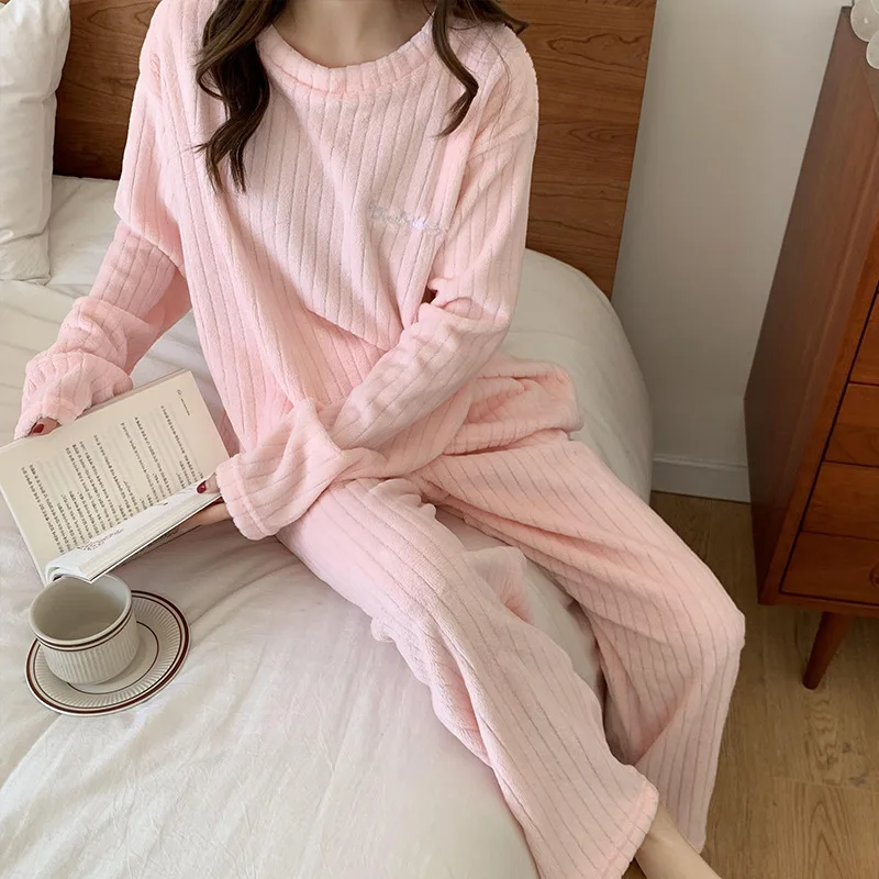 

Winter Women Pajamas Flannel Velvet Thick Warm Pajama Set Female Slim Solid Casual Sleepwear Home Clothing Pyjamas Outfits Woman