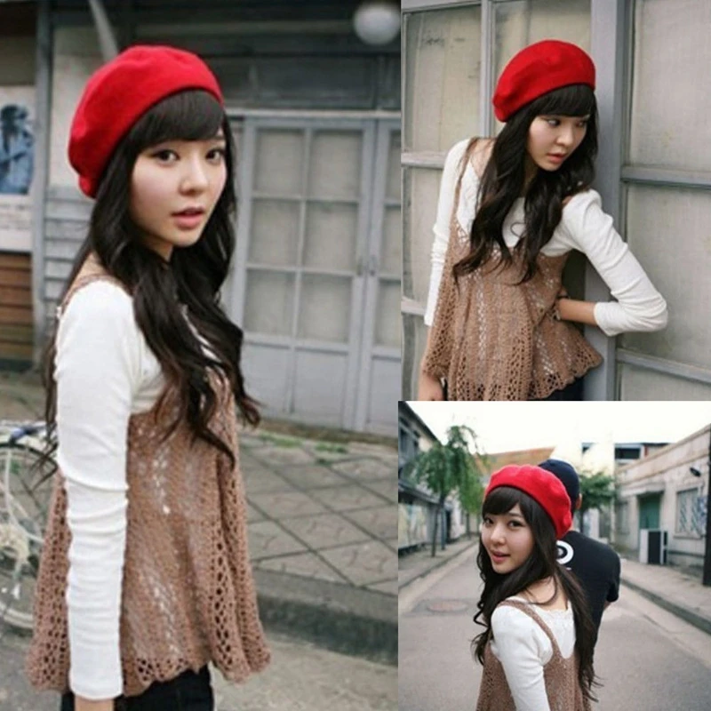 Берет женский шерстяной однотонный Теплая Зимняя Шапка-бини в винтажном стиле