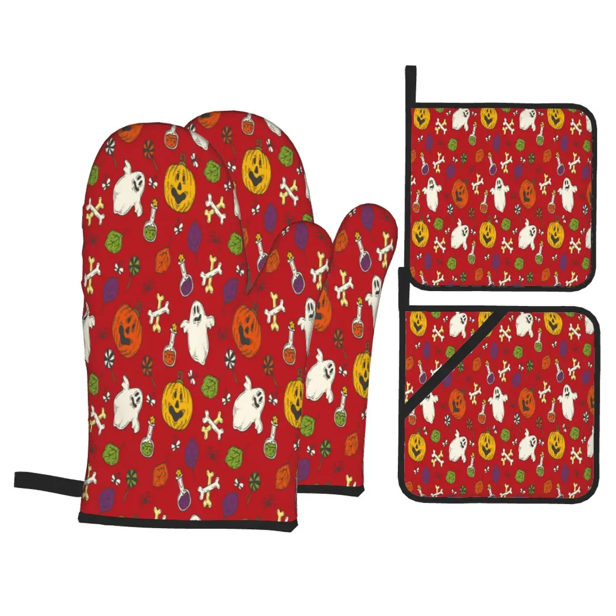 

4 Pieces Oven Gloves Mitts Funny Halloween Print Kitchen Gloves Tray Dish Bowl Holder Baking Insulation Hand Clip
