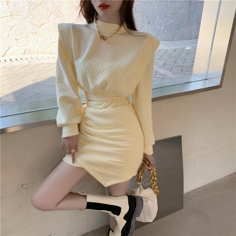 

Plaid 2 Piece Set Long Sleeve Crop Top + Sexy Mini Skirt Slim Korean Style Sweet Spring 2021 Suits Yellow Clothing Vintage Women