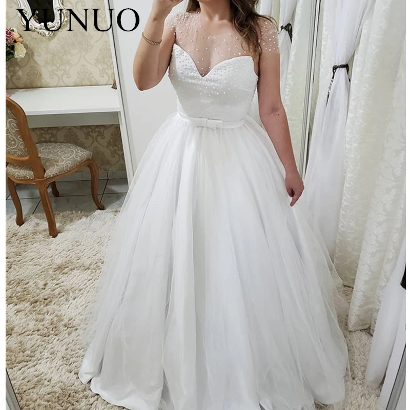 

Vestido De Festa Longo сексуальное Тюлевое свадебное платье с бисером 2019 простое белое свадебное платье А-силуэта с поясом с бантом