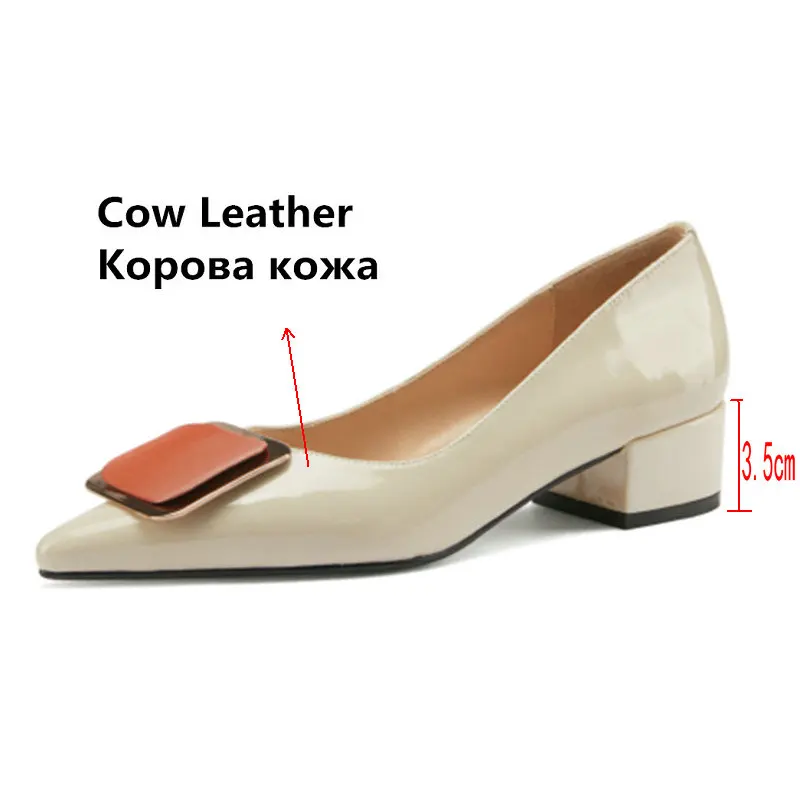 

Elegant Working Causal Women Shoes Metal Decoration Shoes Woman Heels Genuine Leather low square Heels Pumpr For Women