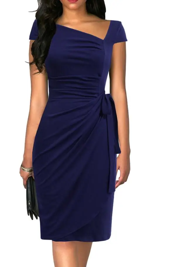 8022 Navy Blue Berydress, Ретро стиль, 1950 s, с короткими рукавами, с рюшами, облегающее, облегающее, женское платье, эластичное, с поясом, коктейльное, вечерние, для работы, миди, черное платье - Цвет: 8022 Navy Blue