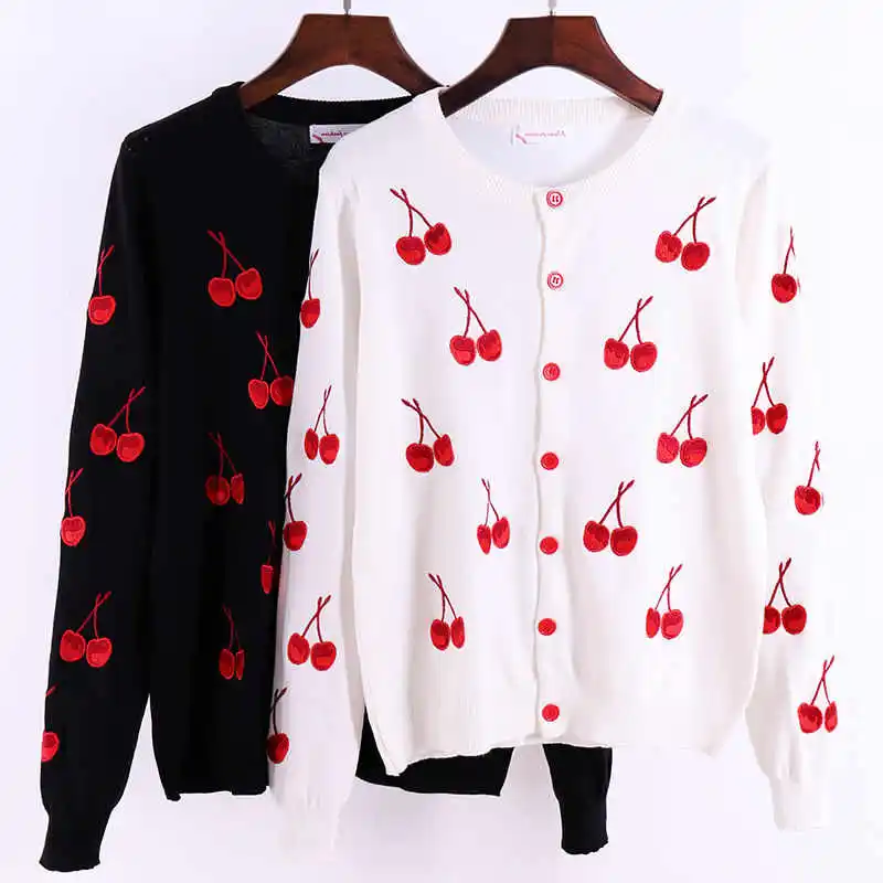 

Spring Autumn Short Sweater Women Loose All-Match Coat Fashion Sweet Cherry Knitwear Small Cardigan Embroidery Thin Tops TT0419
