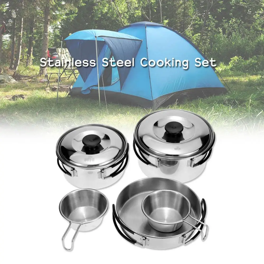 

Outdoor Camping Cookware Set Portable Stainless Steel Camp Cooking Pot Pan Bowls with Foldable Handles Camping Equipment