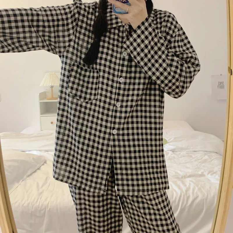CAIYIER Women Pajamas Suit Autumn Turn-down Collar Yellow Grid Sleepwear Long-sleeved Pants Cartoon Girl Winter Pyjamas Korea