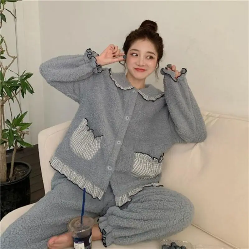 Autumn and Winter New Plaid Pajamas Women's Winter Thickening Can Wear Lovely Kawaii Long Sleeve Home Clothes Suit