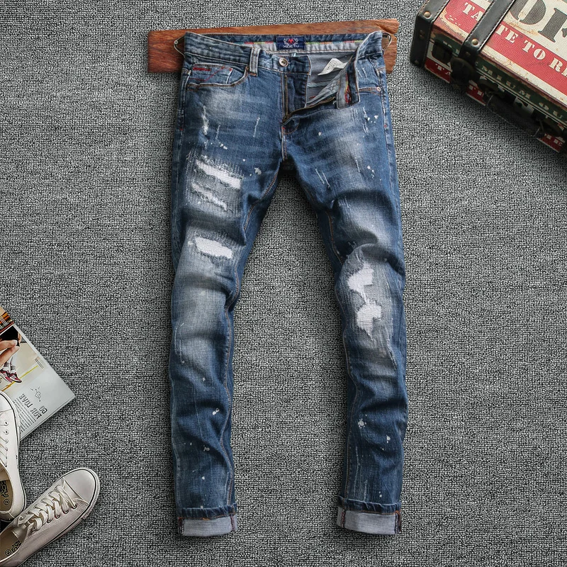 

Italian Style Fashion Men Jeans High Quality Slim Fit Retro Blue Elastic Ripped Denim Trousers Streetwear Vintage Designer Pants