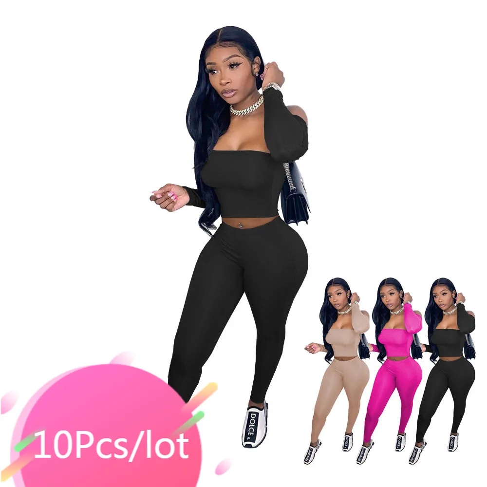 

Bulk Items Wholesale Lots Slash Neck Two Piece Outfits Women Off Shoulder Long Sleeve Crop Tops Pants Sets Casual Fall Clothes