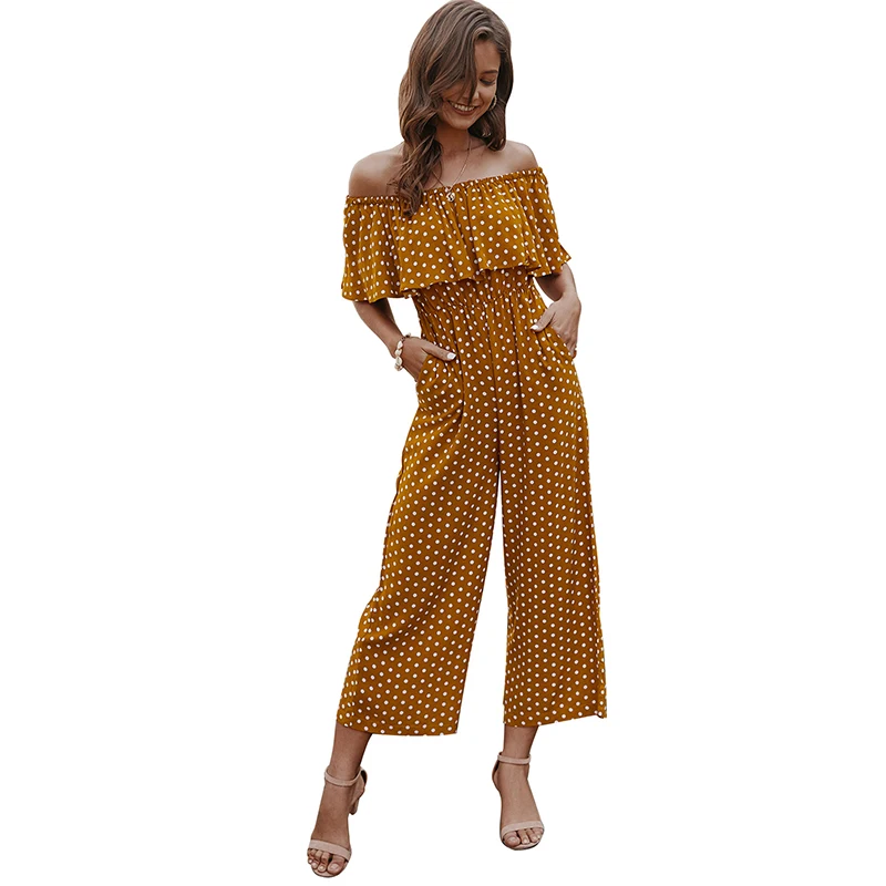 

Casual Boho Polka Dot Print Sexy Slash Neck Women Ruffles Wide-leg Jumpsuits Ladies Summer Slim Pockets Rompers SJ5856M