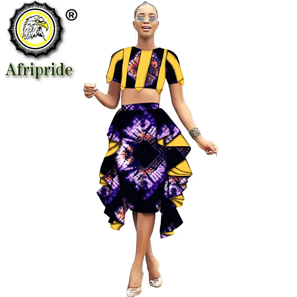 

2020 african 2 piece suits for women dashiki pure cotton O-Neck ankara short top+Knee-Length skirt Appliques AFRIPRIDE S1926017