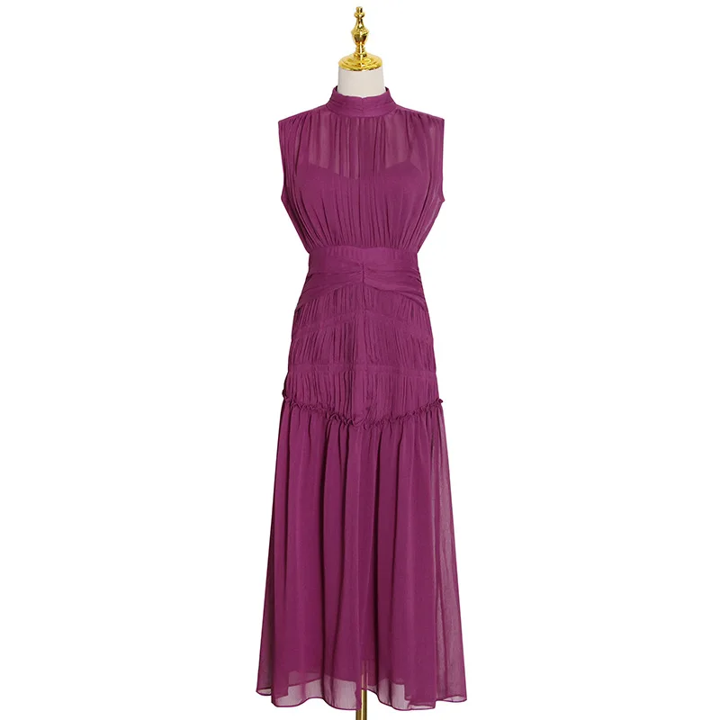 

Early new pleated design elegant chiffon waist sleeveless long dress 83438