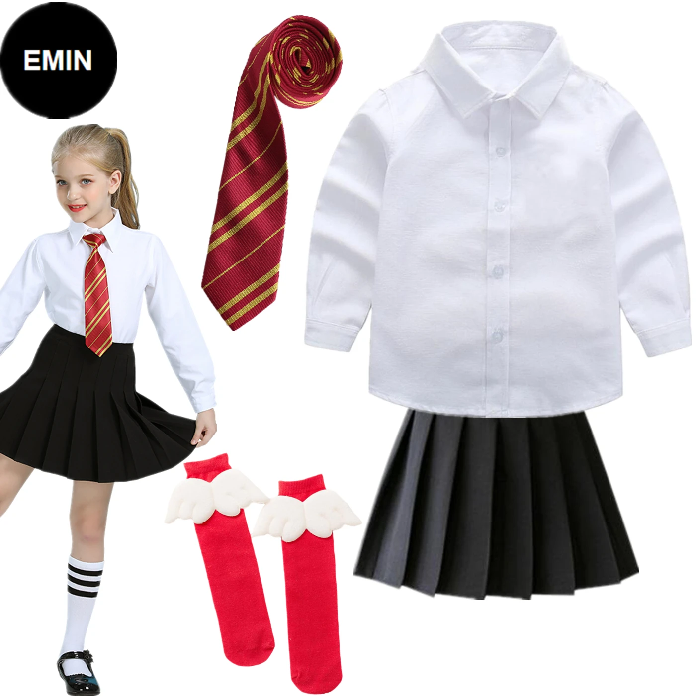 

Girl Woman Cosplay Magic School Uniform Costume Collocation Shirt Skirt Blue Green Red Tie Socks Dress up Halloween Wizard Set