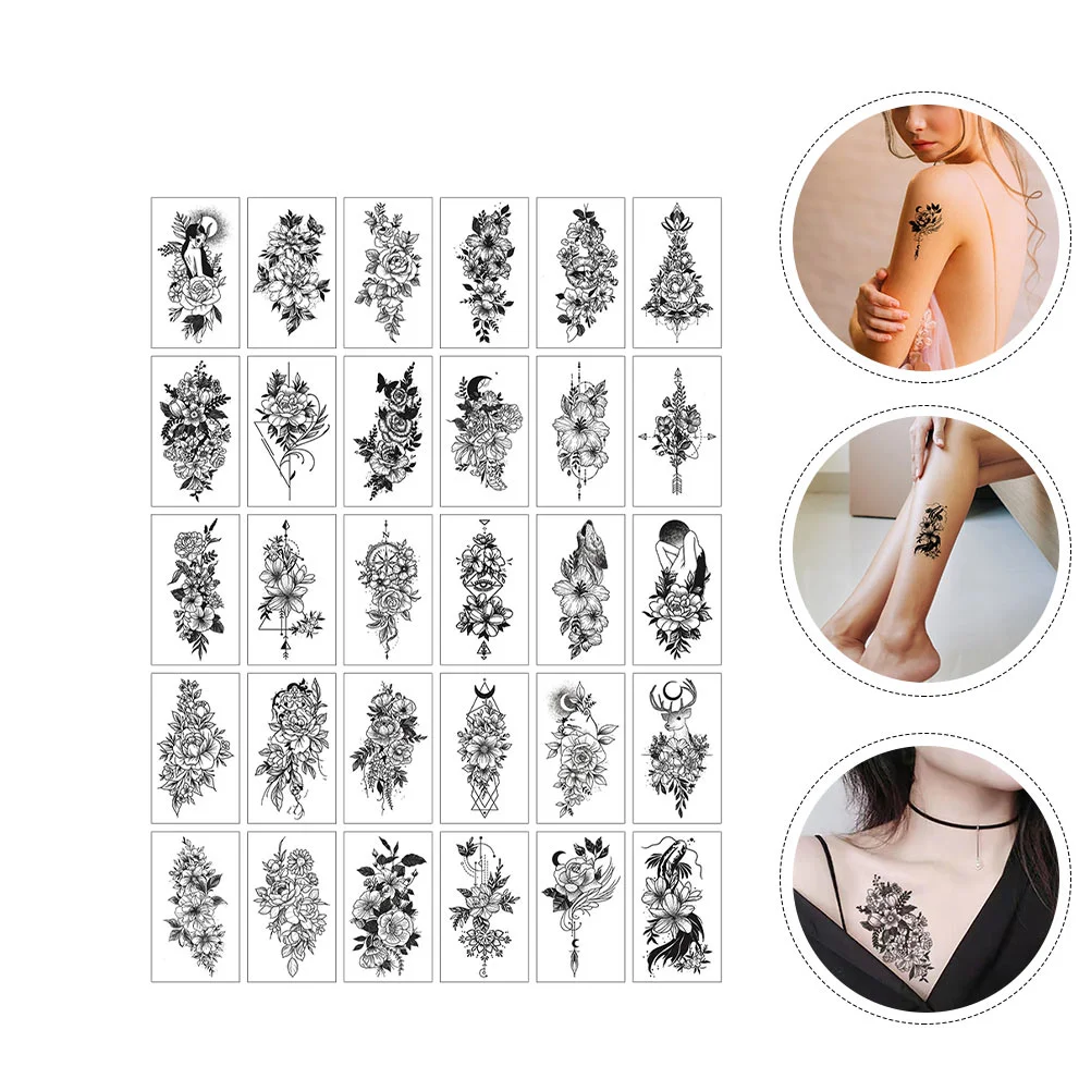 

30Pcs Temporary Tattooing Stickers Beautiful Tattooing Decals for Party (Black)