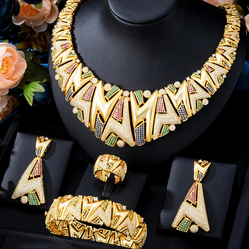 

Blachette Gorgeous Exquisite Gold Necklace Earrings Bracelet Ring 4PCS Women's Bride Wedding Banquet Zircon Jewelry Set