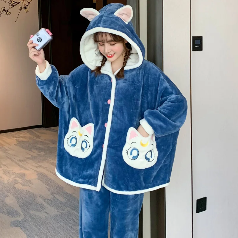 Flannel Hooded Nightgown Women Sleepwear Winter Pajamas Plus Size XXXL Intensification Loose Version Coral Fleece Nighty