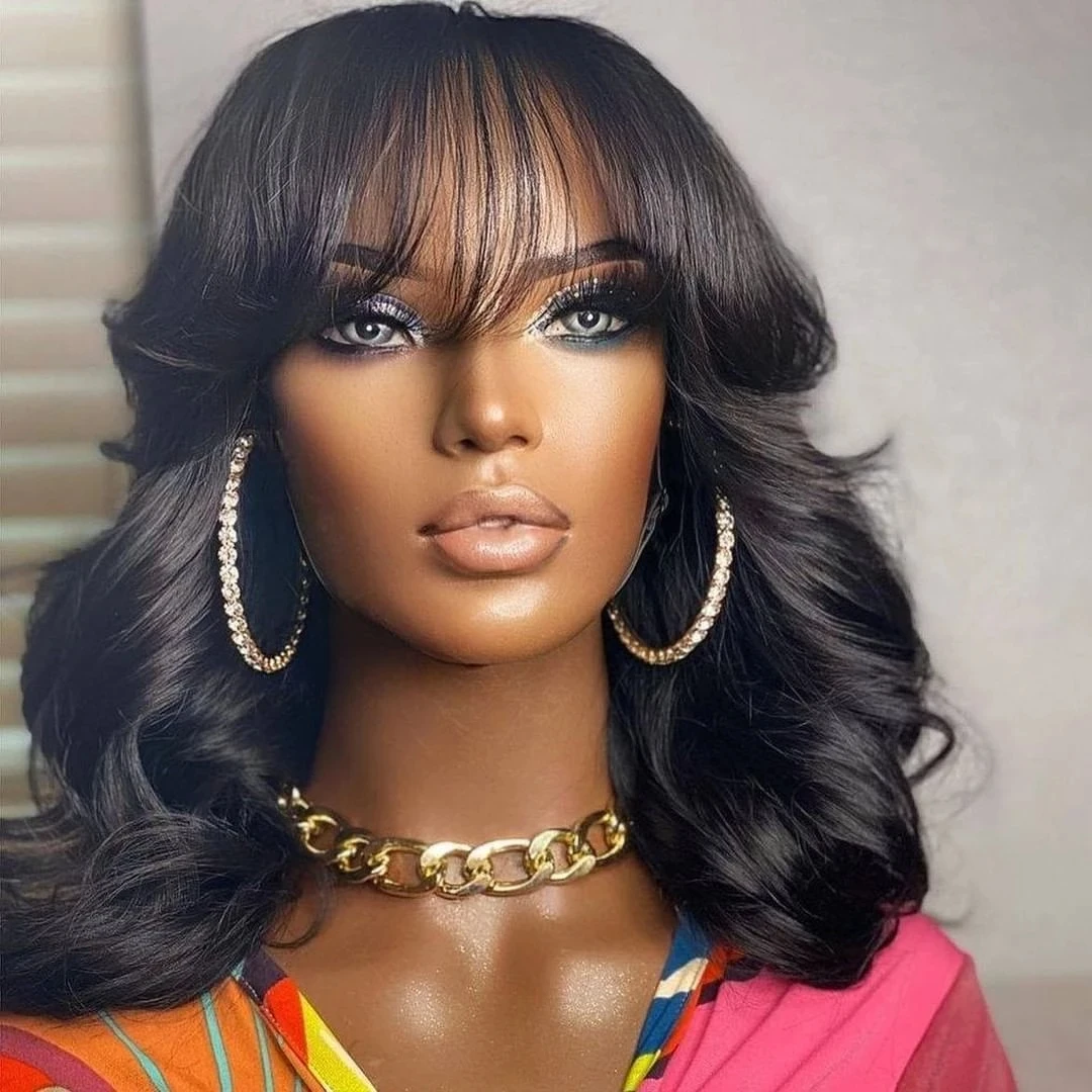 

Bangs Fringe Body Wave 13X6 Lace Front Human Hair Wig for Women Black Color Natural Hairline Glueless 360 Frontal Wigs