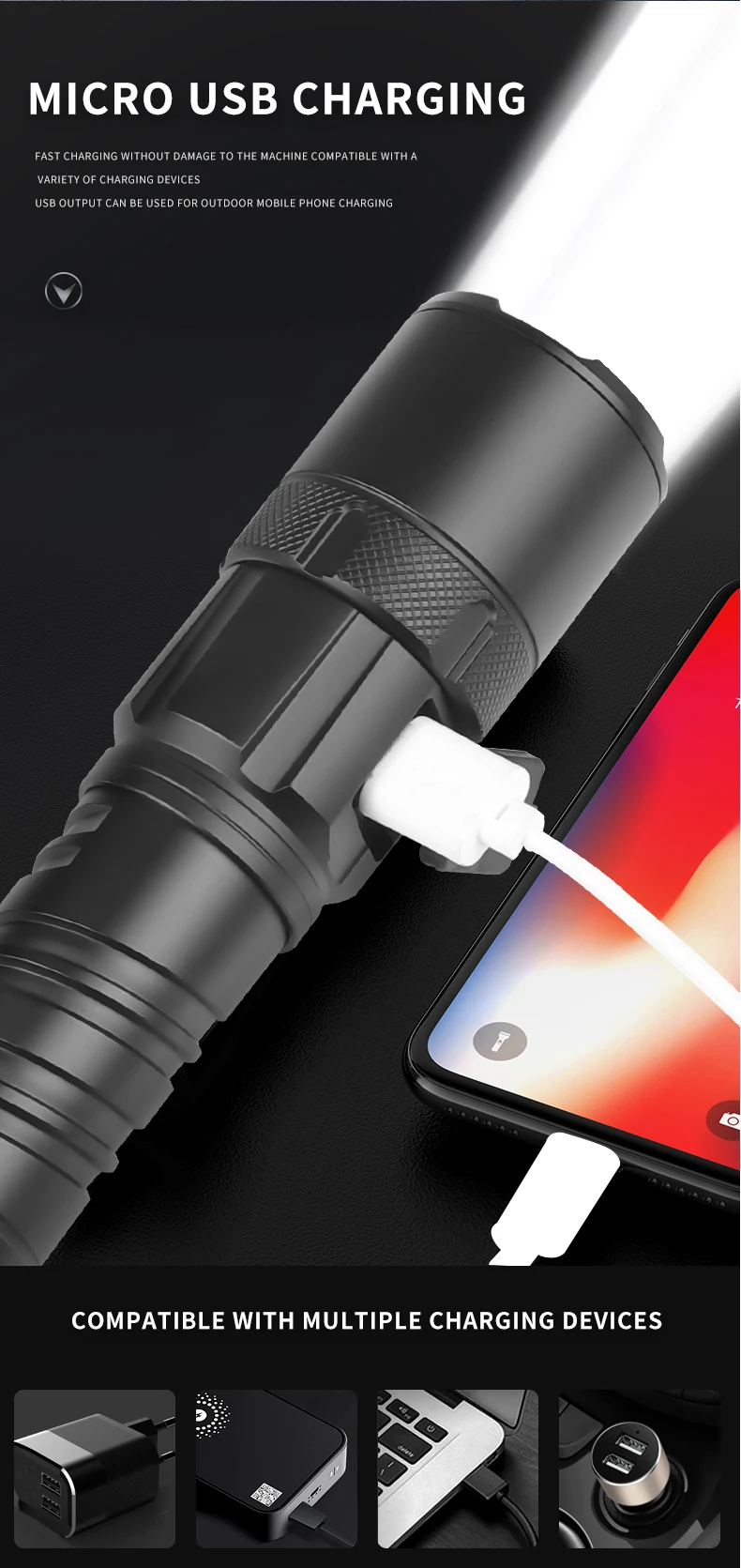 売る Xhp160/xhp99防水戦術懐中電灯,USB 5つの照明モード,充電式懐中電灯,アルミニウム製