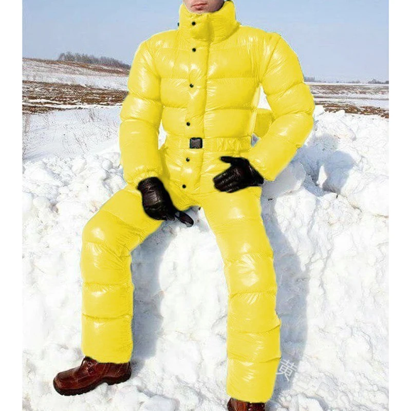 Men Jumpsuits Ski Suit Bright Color Hooded Jacket Fashion Jumpsuit Solid Slim Playsuit Male Parka Outfits Zipper Winter Coats
