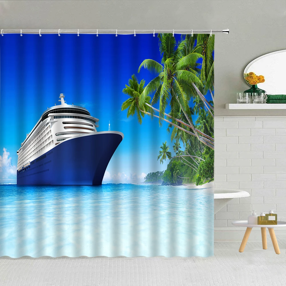 

Ocean Scenery Shower Curtains Ferry Canoe Ship Sailing Sea View Waterproof Fabric Bathroom Bathtub Decor Bath Screen Curtains