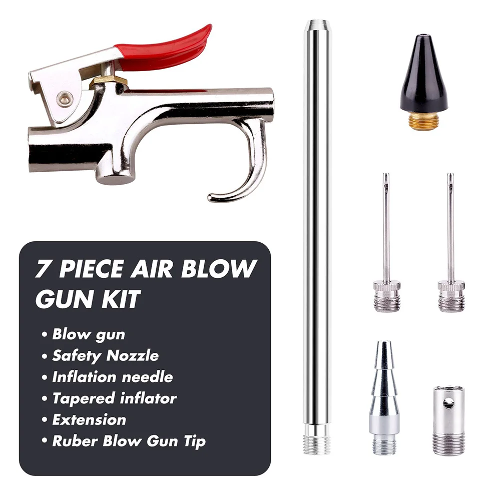 

Air Nozzle Blow Kit Pneumatic Tool Kit Nozzle Compressor Tools with 6 Nozzles Silver Pneumatic Blowing Dust Gun Tool