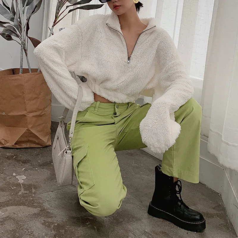 Women Winter Autumn Lambs Wool Warm Pullovers Zipper Long Sleeve Cropped Tops Female Loose Casual Sweatshirts Outwear | Женская одежда