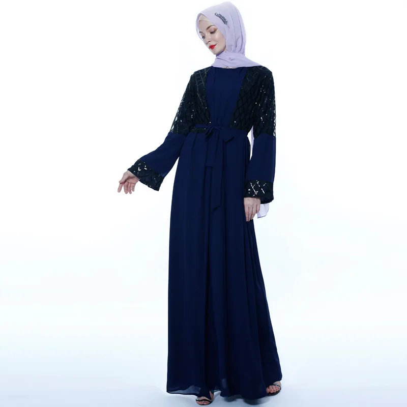 as picture latest Dubai long-sleeved dress Muslim party Abaya ladies Arabian lace cardigan patchwork Turkish Islamic prayer gown robe - Цвет: as picture