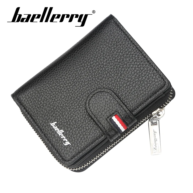 

Baellerry Men Short Wallet Zipper Hasp PU Leather Solid Purse Coin Pocket Card Photo Holder Wallet Casual Standard Wallets