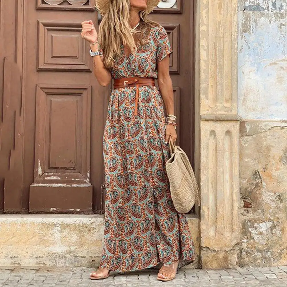 

Fashion Boho Long Dress for Women V Neck Short Sleeve Paisley Print Belt Large Hem Beach Long Dress Elegant Women's Dress 2021
