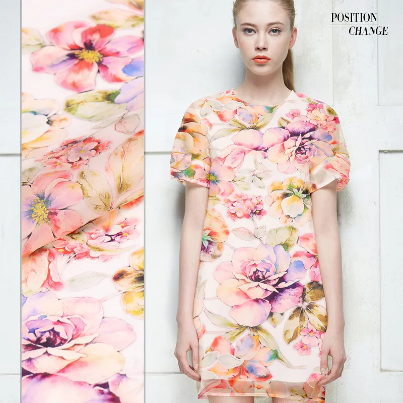 

Silk Printed Organza Elegant Floral Silk Dress Scarf Telas Pure Mulberry Silk Chiffon Fabric