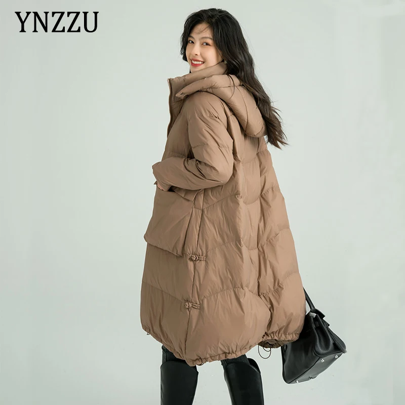 

Vintage Women's Oversized Long Down jacket 2021 Winter Hooded Pocket A-line Coat Thick warm Overcoat Female Elegant YNZZU 1O298