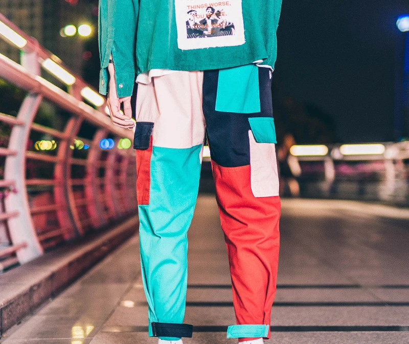 Брюки карго в стиле хип хоп винтажные штаны пэчворк с цветными блоками карманами