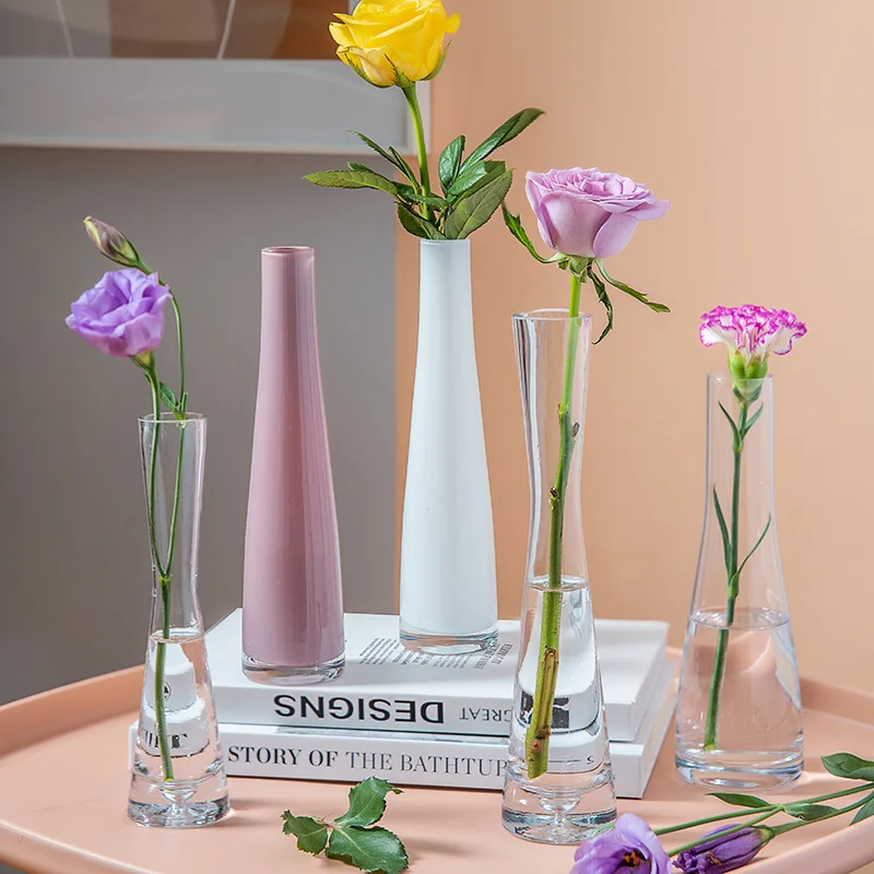 Glass Slim Transparent Vase Hydroponic Dried Flower Small Vase Living Room Decoration Home Decor Tabletop Mini Vase