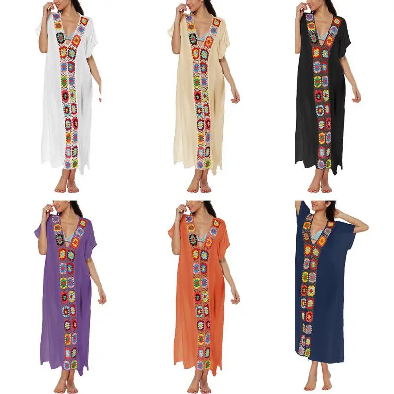 Женское пляжное платье на бретельках белое ажурное с открытой спиной и V образным