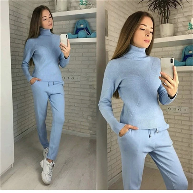 MVGIRLRU женщина свитер Костюмы повседневное вязаный спортивный костюм водолазка пуловеры для женщин+ брюки девочек комплект из двух предметов женские наряды