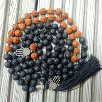 8mm lava stone rudraksha 108 beads handmade tassel necklace buddhism chakra classic japa yoga