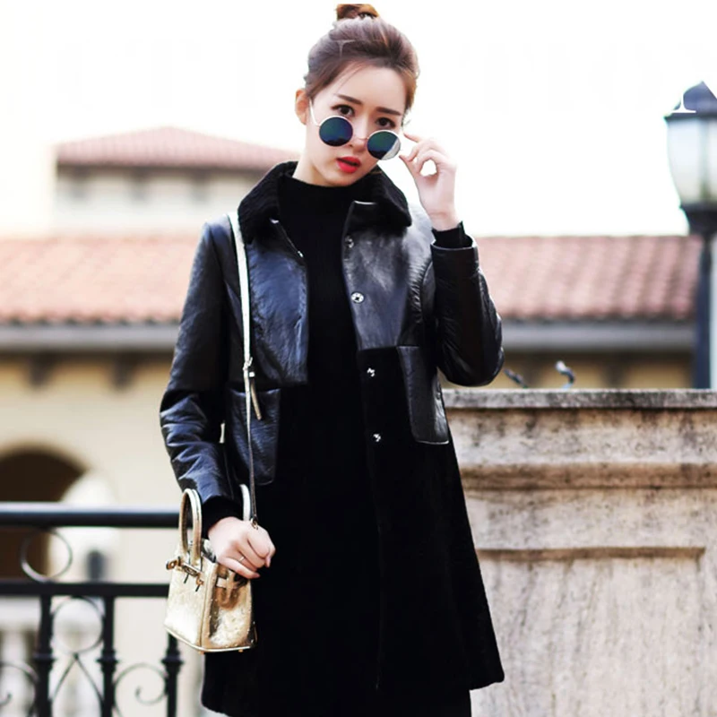 Warm Leather Clothing Ladies' Autumn Winter Medium Length Berber Fleece Splicing Genuine Leather Jacket Women Coat Outerwear