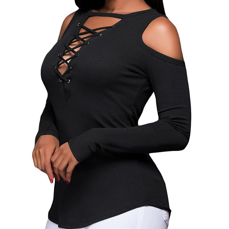 Хит сексуальные топы с открытыми плечами Однотонная Футболка длинным рукавом