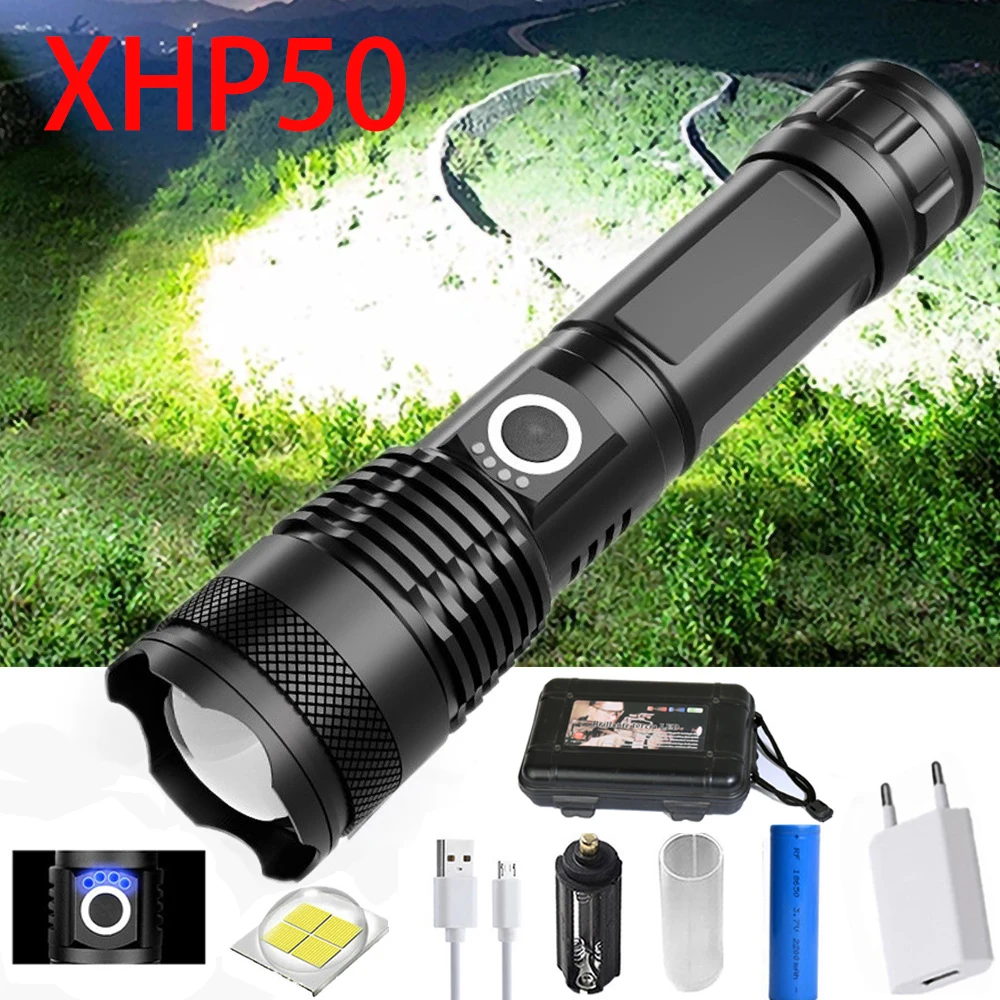 

Rechargeable LED Flashlight USB Torch Light CREE XHP50 Most Powerful Tactical Flashlight 18650 Bright Waterproof Zoom Hand Lamp